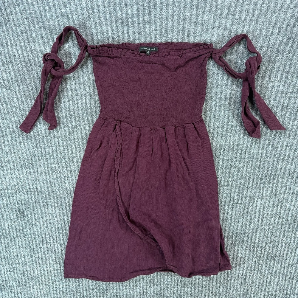 Kendall & Kylie Smocked Off The Shoulder Mini Dress Burgundy Tie Strap Small
